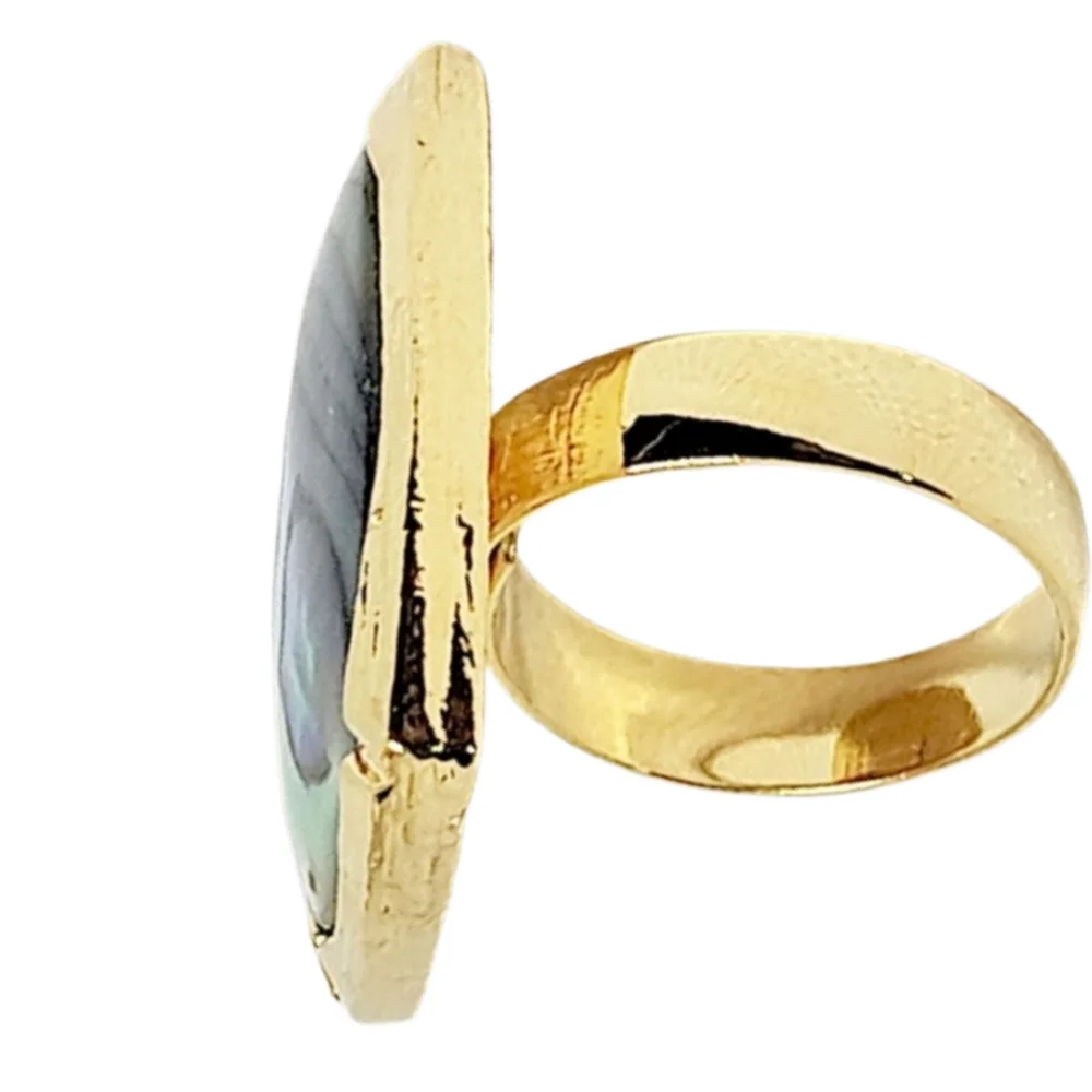 Gold Tone Adjustable Ring with Abalone Shell Inlay